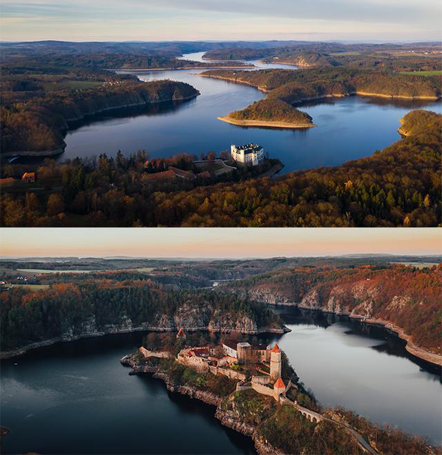 ZÁMEK ORLÍK a HRAD ZVÍKOV z paluby vrtulníku BELL 206